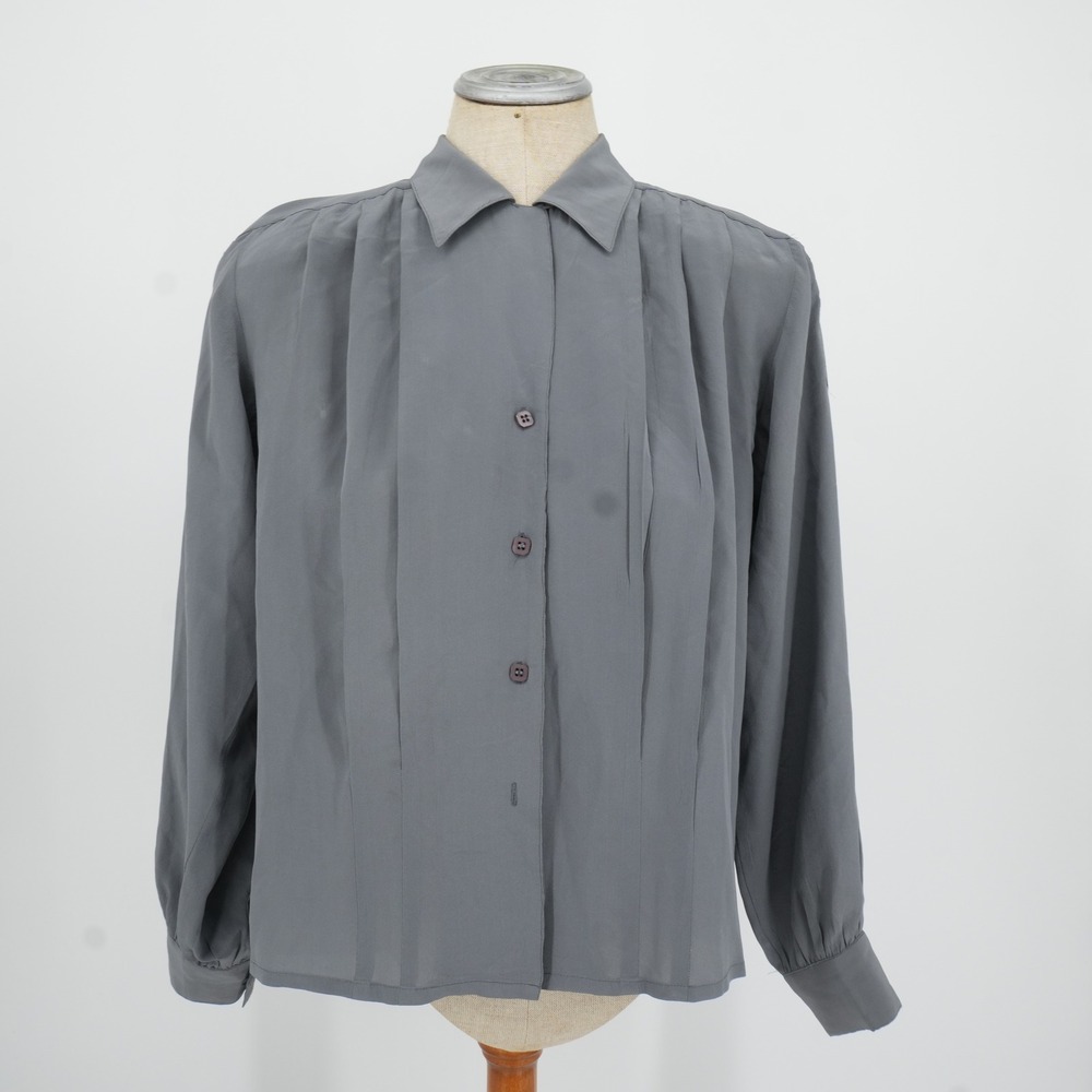 Oscar de la Renta Blouse Women 10 Gray Silk Pleated Button Down Vintage Top